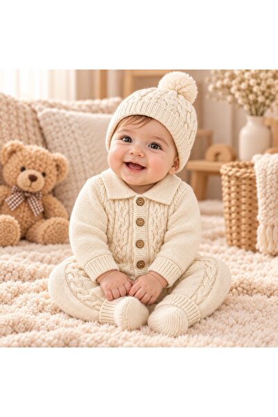 Pure Boutique Salopeta bebe din lana naturala crem cu caciula model tricotat ...