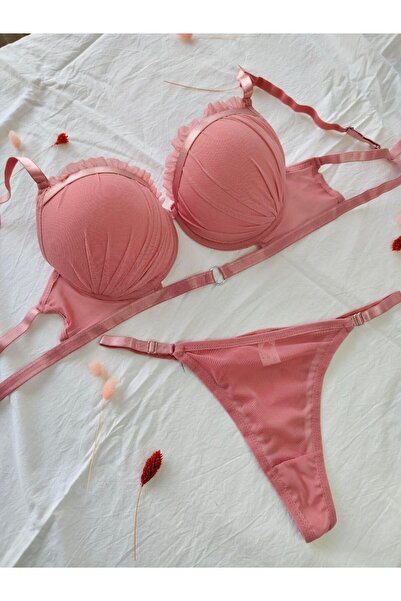 Liza Pink Oyster Model Supported Women's Bra Set - Push up Ruffle Lingerie Set