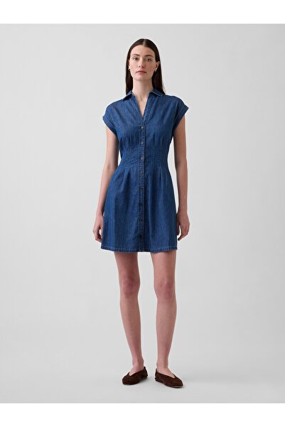 GAP Kadın Mavi Denim Pileli Mini Gömlek Elbise