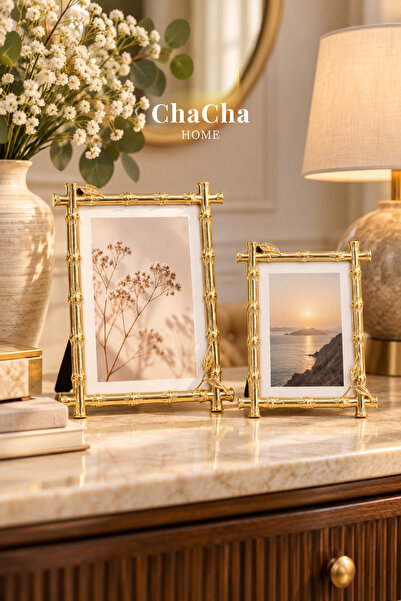 Gold Bambu Desenli Yaprak Detaylı Metal Fotoğraf Çerçevesi 10x 15 cm 1 Adet