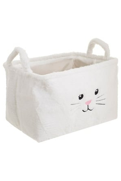 OEM Cos de Depozitare Textil cu Blana Artificiala Alba Model Pisica 36x26x24cm
