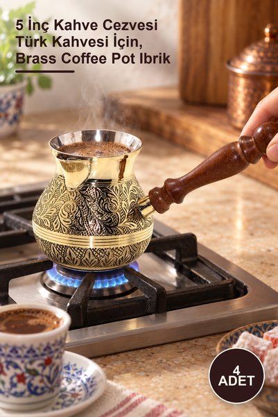 Yenilig 4 pieces brass coffee pot - 5 inch coffee pot for turkish coffee, bra...