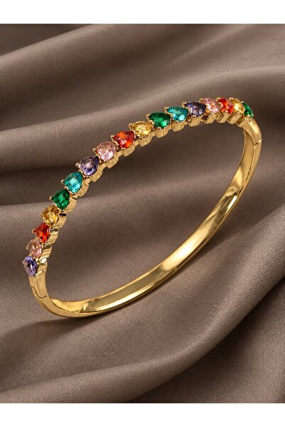serelya Brass Colored Zircon Stone Heart Model Gold Color Women's Handcuffs