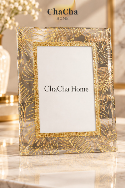 ChaCha Home Gold Tropikal Yaprak Desenli Şeffaf Dekoratif Masaüstü Fotoğraf Ç...