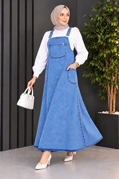 REMA STİL Kadın Tesettür Kot Salopet Elbise Askılı Cepli Uzun Denim Jile Elbise