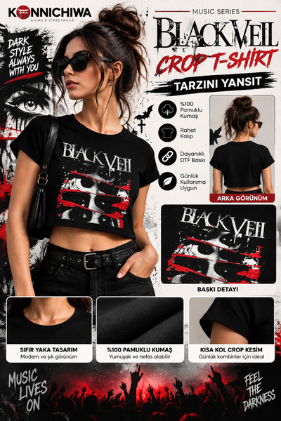 FG KONNİCHİWA Γυναικείο μπλουζάκι με στάμπα Black Veil, μαύρο, 100% βαμβάκι