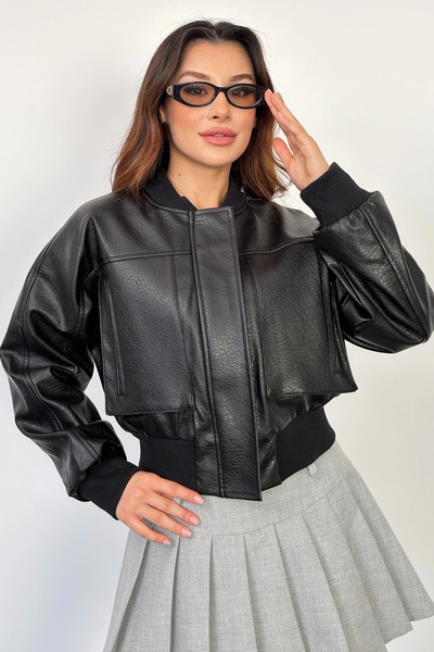 PRİFALDİ Agli̇mmer Pb Oversize Bomber Zippered Double Pocket Ribbed Black Lea...