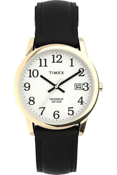 Timex ساعة رجالية سهلة القراءة بحزام جلدي مع عرض التاريخ