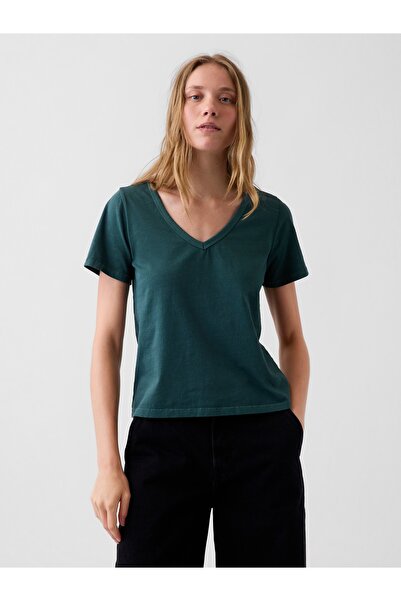 GAP Kadın Koyu Yeşil Organik Pamuk VintageSoft V-Yaka T-Shirt