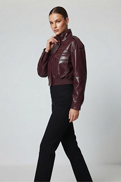 PRİFALDİ Agli̇mmer Women's Bordo Faux Leather Jacket with High Collar Apolete