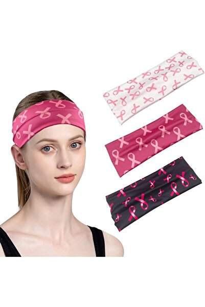 Arabest 3-Piece Cancer Awareness Turban Headband Set,Pink Ribbon Sports Hair ...
