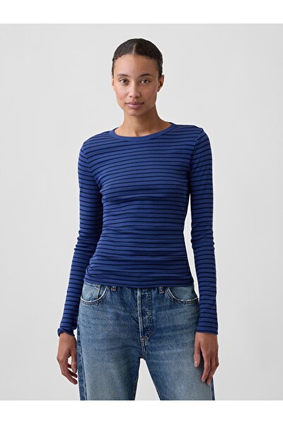 GAP Kadın Koyu Mavi Modern Fitilli Bisiklet Yaka T-Shirt
