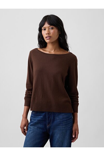 GAP Kadın Kahverengi Relaxed Jersey Boatneck Kazak