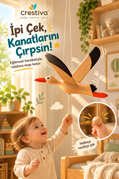 Kanat Çırpan Ahşap Siyah Leylek - Ahşap Tavan Süsü ve Odas Dekoru