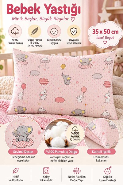 Bebek Yastığı 35x50 cm %100 Pamuk Kumaş ve Dolgu Fil & Tavşan Desenli Fermuarlı Kılıflı