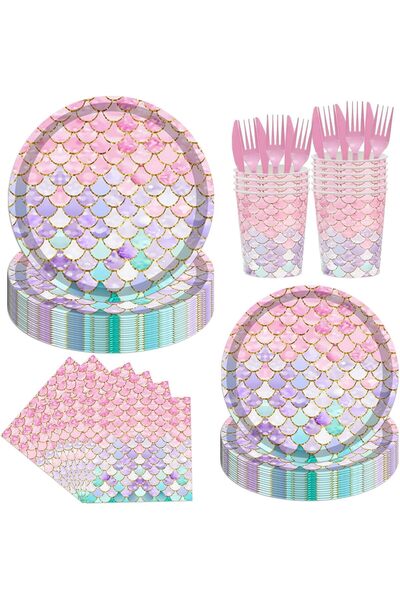 Arabest 134-Piece Mermaid Birthday Party Tableware Set,Serves 16,Disposable P...