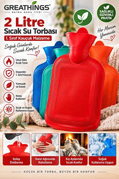 Greathings 2 Litre Sıcak Su Torbası 1. Sınıf Kauçuk Geniş Ağızlı Sızdırmaz Te...