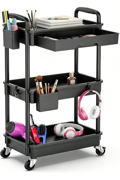 GENERAL Black 3/4-Tier Rolling Storage Trolley with Detachable Drawer, Heavy ...