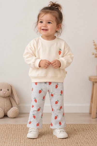 altıntop bebe Baby Girl 100% Cotton Carrot Patterned Ecru Sweatshirt Pants 2-...