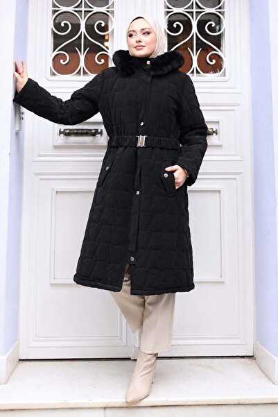 MİSSKAYLE Fur Belted Nova Quilted Coat Black 2030