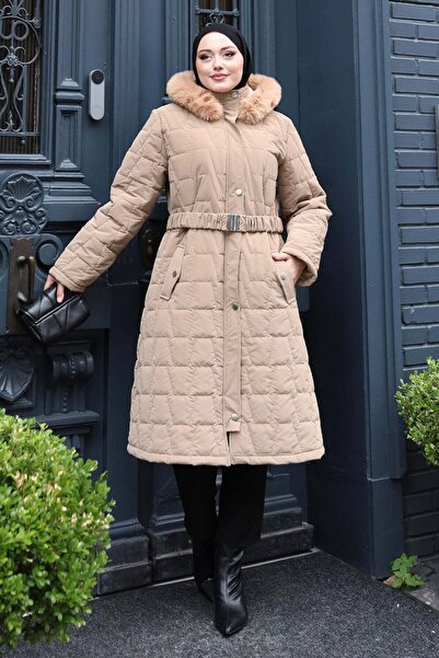 MİSSKAYLE Fur Belted Nova Quilted Coat Beige 2030