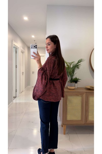 BİRCANÇİL Nore Colorful Tweed Belted Poncho Coat