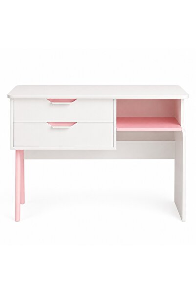 Muvu Birou modern pentru copii, 90 cm, alb cu roz, cu 2 sertare și un raft