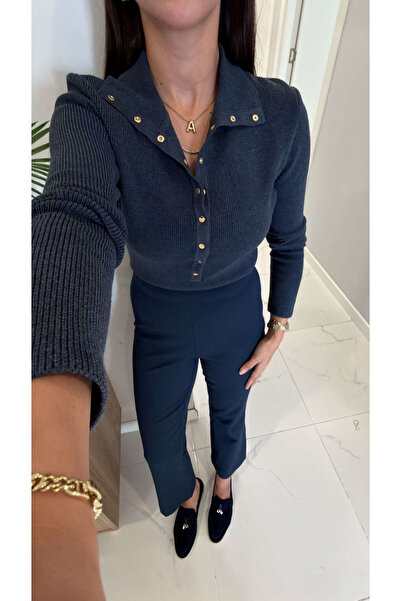 BİRCANÇİL Dlvin Nilla Indigo High Neck Snap Fastener Knitwear