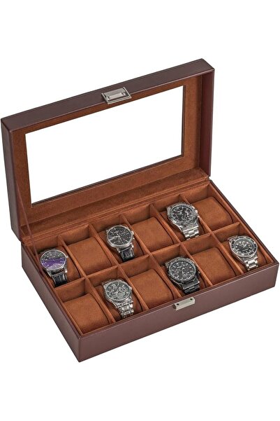 Procases ProCase 12-Slot Watch Box, PU Leather Case With Glass Lid, Brown