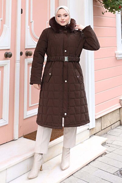 MİSSKAYLE Fur Belted Nova Quilted Coat Brown 2030