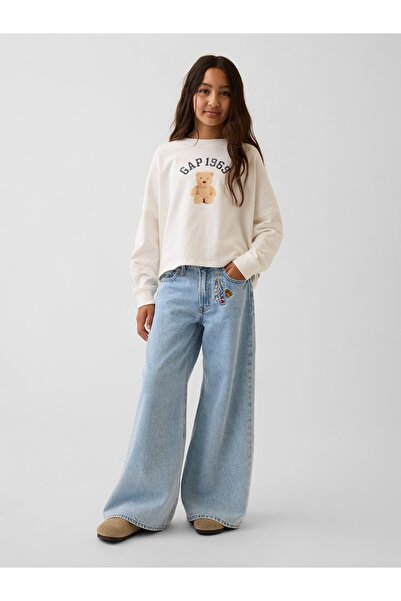 GAP Kız Çocuk Açık Mavi Low Rise İşlemeli I Love NY Baggy Jean Pantolon