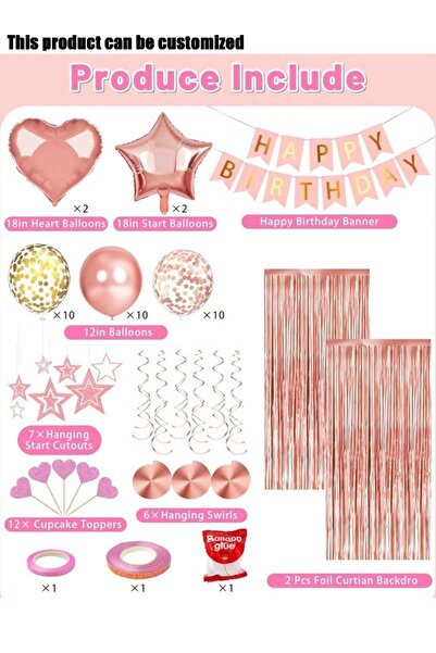 GENEON Rose Gold Birthday Party Supplies Set, Happy Birthday Banner, Heart St...