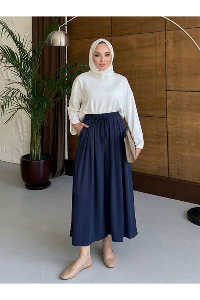 Lunsera Store بنطلون مطاطي مطوي عند الخصر - أزرق داكن