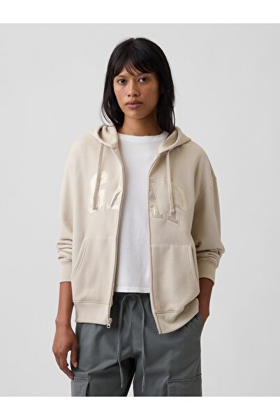 GAP Kadın Ekru Logo Fleece Fermuarlı Sweatshirt