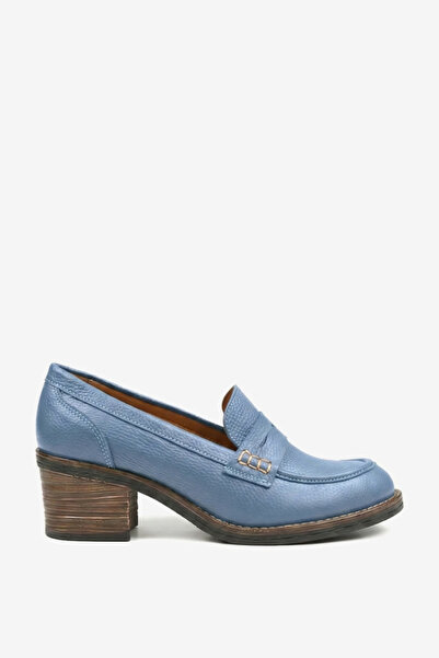 REBETA Deri Kadın Mavi Topuklu Loafer Ayakkabı