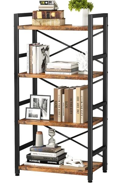 Chulovs Bookshelf, 4 Tier Industrial Bookcase, Metal Small Bookcase, Rustic B...