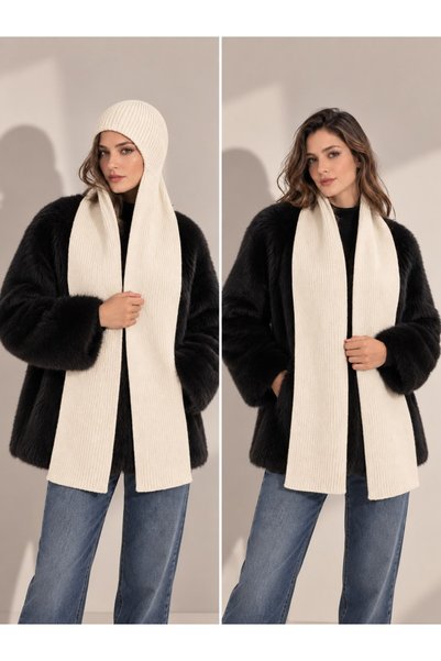 Irmak Kerekli Women's soft textured knit scarf beanie | balaclava scarf beanie 72109 ecru