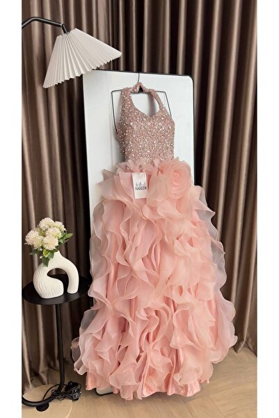 Nareen Fashion Luxurious Pastel Pink Evening Gown with a Fully Sequined Top a...