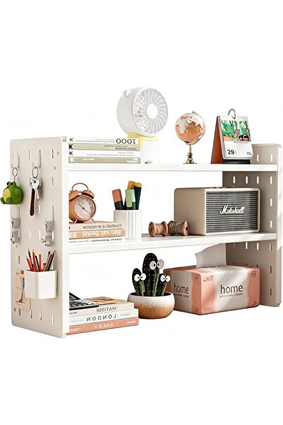 Beauenty 3-Tier Desktop Organizer with Pegboard Adjustable Iron Wooden Booksh...