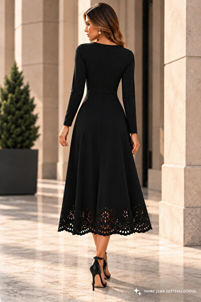 JANES Women's Long Sleeve Round Neck Floral Laser Cut Detailed Crepe Midi Dress