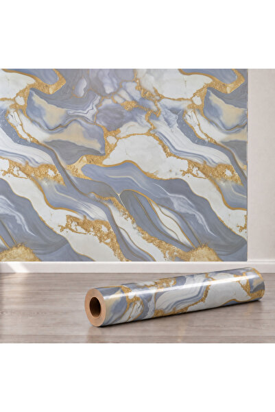 Tapetoo Home Decor Ταπετού ®   Ταπετσαρία Μαρμάρου Γκρι & Λευκό με Χρυσές Λεπ...