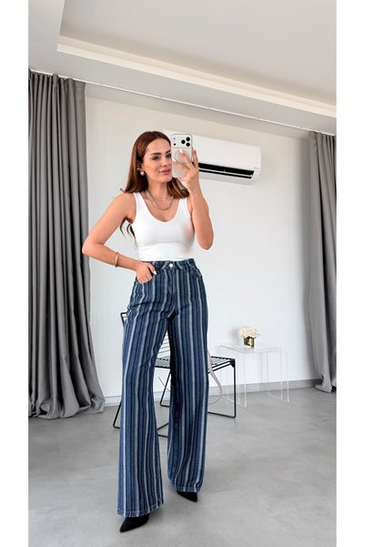 pelin yıldız butik Lacivert Çizgili Majuro Yüksek Bel Palazzo Jean