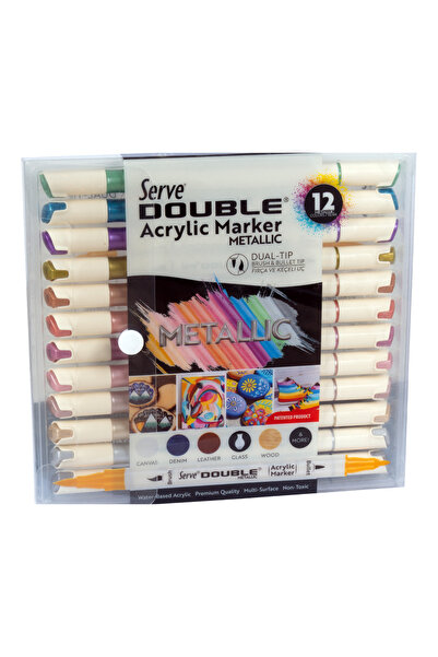 Serve Çift Taraflı Akrilik Kalem 12'li Metalik Set (Fırça + Keçeli Uç)