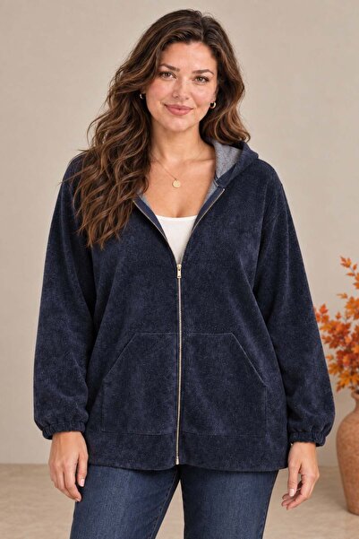 RMG Yumuşak Kadife Tuşeli Fermuarlı Büyük Beden Sweatshirt Lacivert