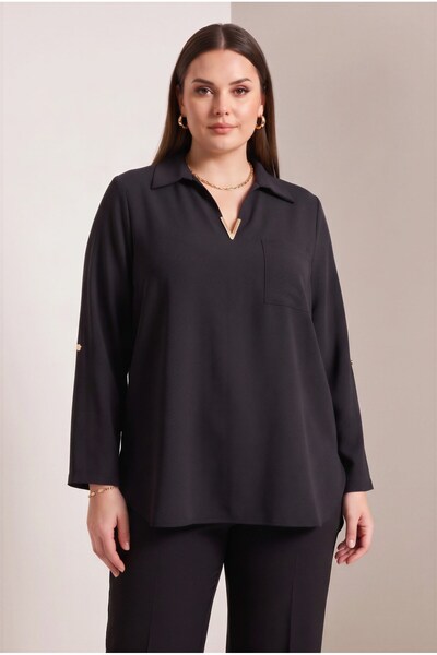 RMG Collar Stone Detailed Plus Size Crepe Blouse Black