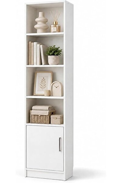 Bentifar Tall Narrow Bookshelf with Cabinet 4-Tier White Storage Unit
