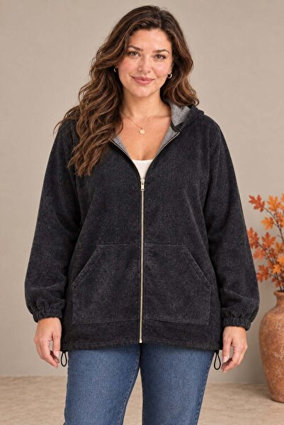 RMG Yumuşak Kadife Tuşeli Fermuarlı Büyük Beden Sweatshirt Siyah