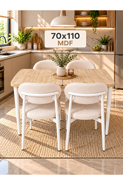 DEREN HOME Calve Serisi MDF 70x110 Açılabilir Traverten Masa 4 Adet Silinebil...