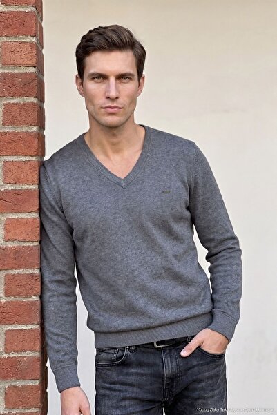 Çizgi Triko Men's V-Neck Anthracite Sweater Thessaloniki Knit Solid Color Cla...