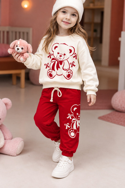 zepkids Girl's Tracksuit Set Teddy Bear Printed Sweatshirt Red Casual Sports Set